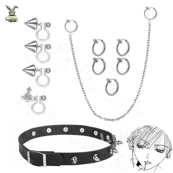 kf-S9c44b034db304e5f87ee19e9d369ab3eb 15Pcs/Set Anime Oosaki Nana Earrings Stud Ring Necklace Bracelets Punk Crystal Saturn Piercing Earings Set for Women Jewelry