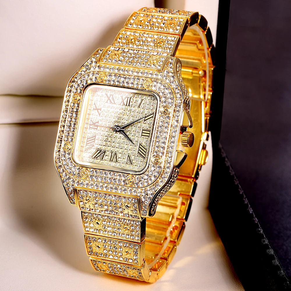 Gold Color Cuban Chain Watch for Men,Hip Hop Miami Curb,Iced Out Paved Rhinestones,Bling Rapper Necklace, Watch+Bracelet Jewelry - Image 5