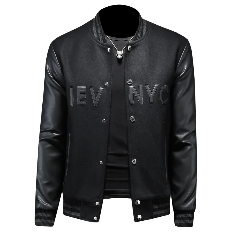 Handsome men's baseball collar patchwork jacket, high-quality baseball uniform, casual jacket, fashionable single breasted top - Image 5