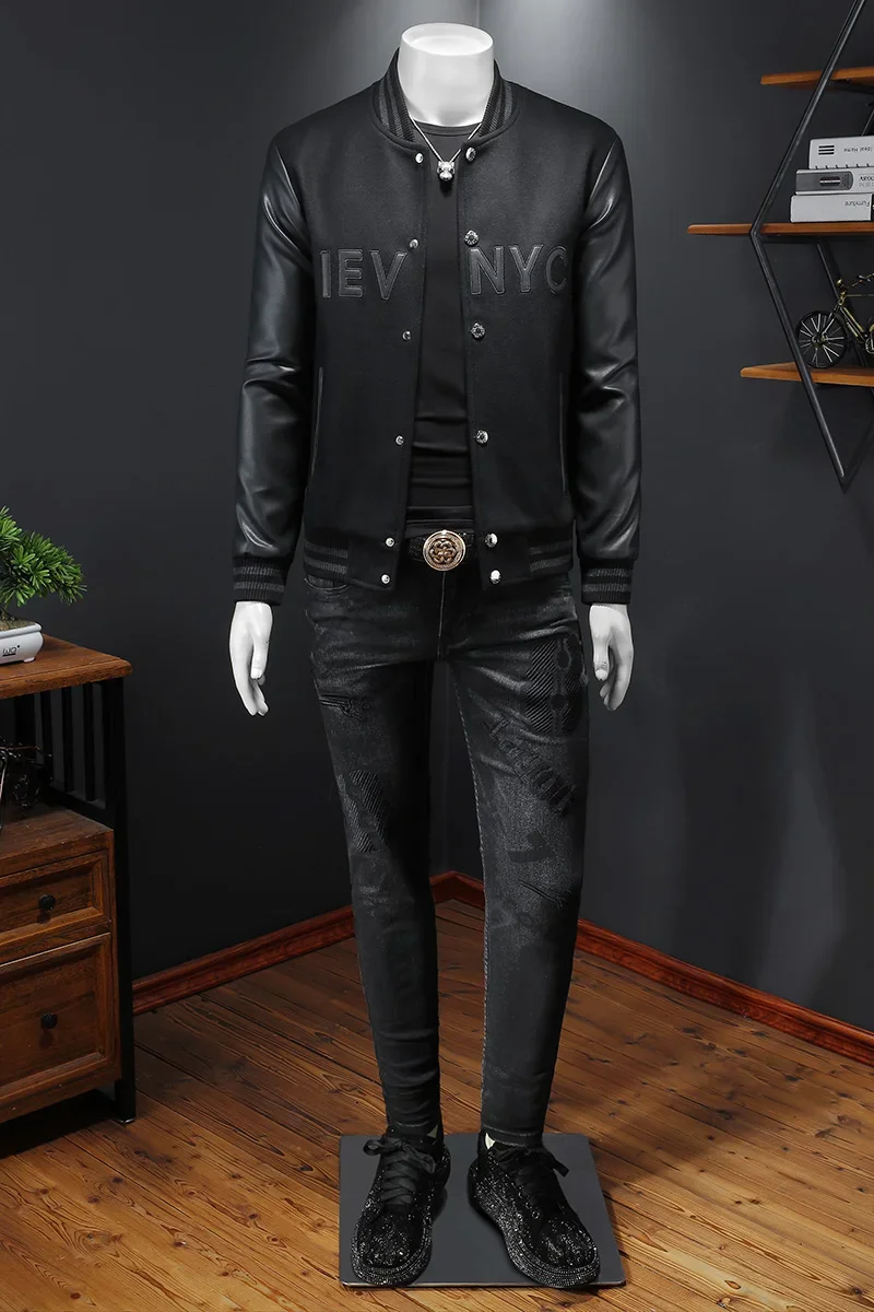 Handsome men's baseball collar patchwork jacket, high-quality baseball uniform, casual jacket, fashionable single breasted top - Image 6