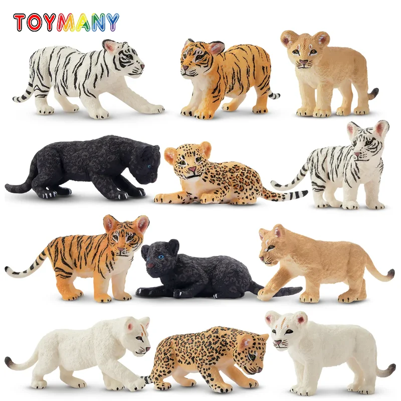 12Pcs Simulation Felidae Cubs Animal Model Toy Mini Tiger Lion Leopard Figures Dolls Action Figurines Toys for Children Set Gift