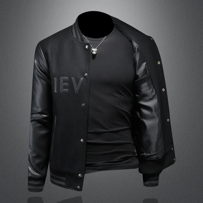 Handsome men's baseball collar patchwork jacket, high-quality baseball uniform, casual jacket, fashionable single breasted top - Image 3