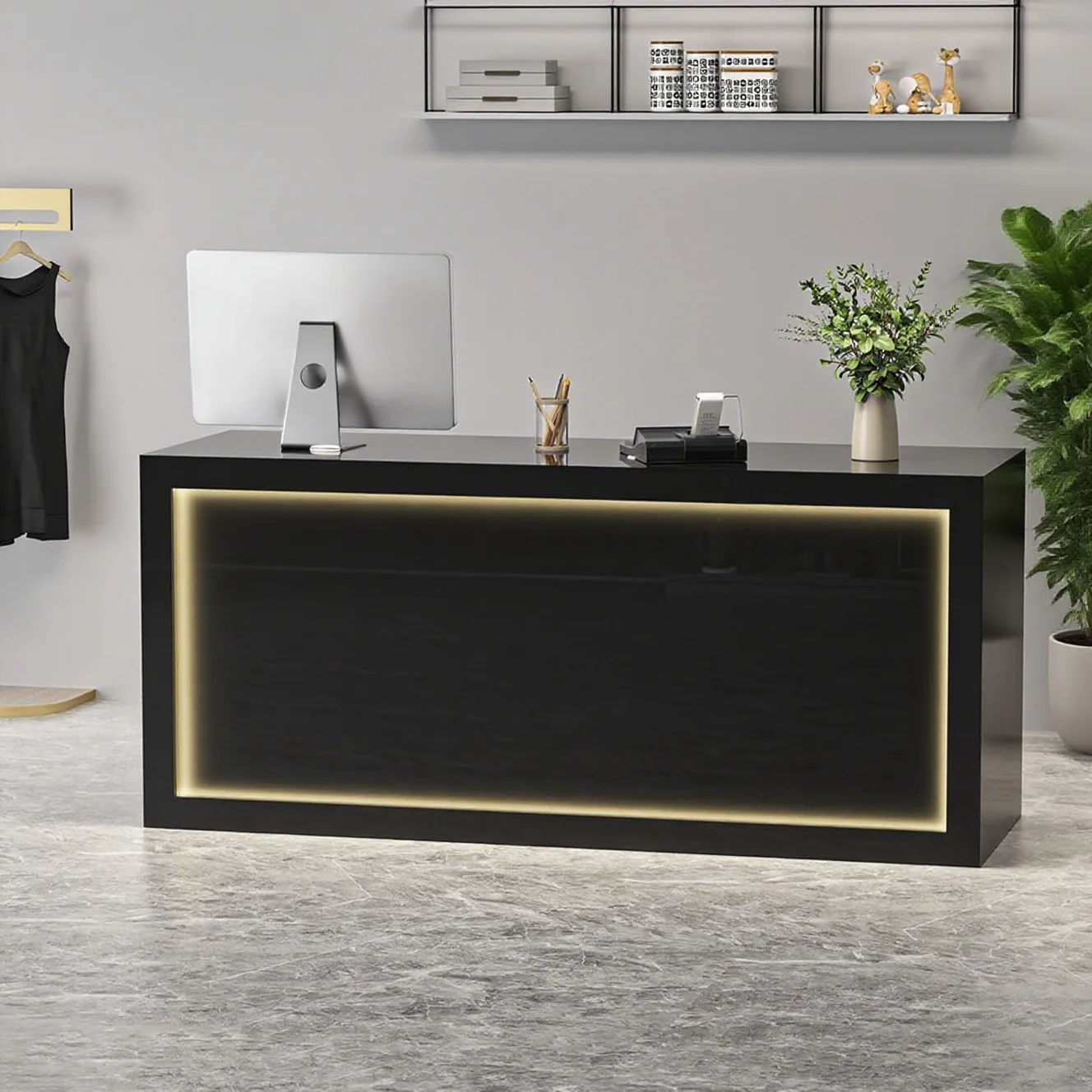 Modern Reception Desk, Solid Wood Reception Desk with Counter, Check Out Stand with Lockable Drawer & Cabinet, Retail Checkout