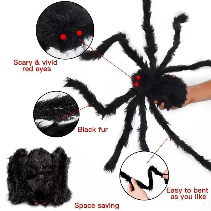 30cm/50cm/75cm/90cm/125cm/150cm/200cm Horror Halloween Giant Black Spider Decoration Haunted House Party Props Halloween Decor - Image 2