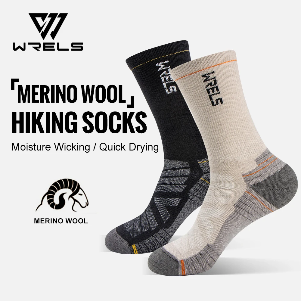 WRELS Merino Wool Socks Hiking Running Socks Soft Lightweight Shock Absorption Damping Mid-Calf Breathable Ankle Cycling Socks