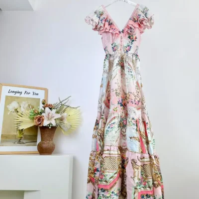 Flower Embroidery Women Cotton Maxi Dress Summer 2025 Heavy Beaded V-Neck Flying Sleeve Backless Holiday Female Robe