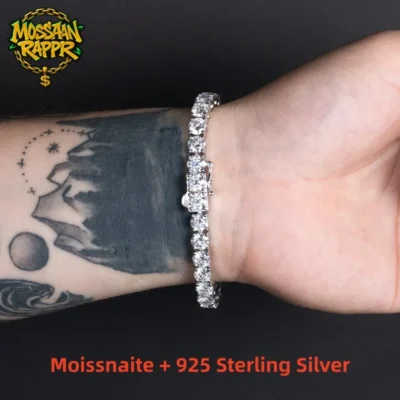 MossanRappr 4/5/6.5mm Moissanite Diamond Tennis Bracelet 925 Sterling Silver Iced Out Hip Hop Jewelry Gifts for Men and Women