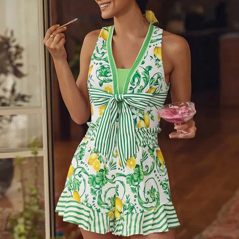 Bikini Set Swimwear Lemon Printting Flower One Piece Swimsuit High Waist Women Female Padded Bathers Bathing Swimming Beachwear