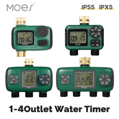 MOES Water Timer 1-4Outlet Brass Inlet Rotary Knob Button Control With LCD Display Screen Rain Delay Child Lock Garden Sprinkler