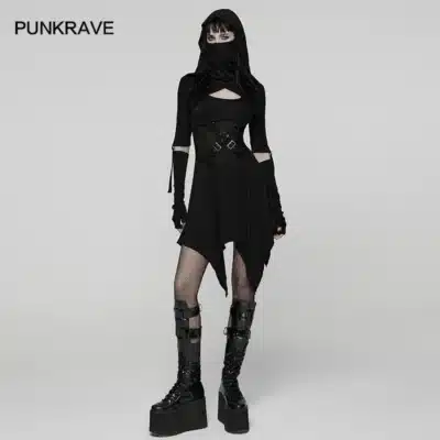 PUNK RAVE Women's Gothic Hooded Turnover Collar Ear-hanging Face Mask Wasteland Dress Post-apocalyptic Club Wild Charm Dresses