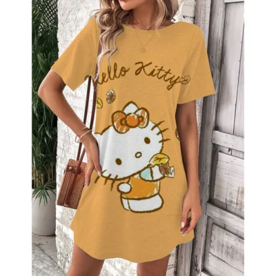 Hello Kitty 3D Print Dress Women Pullover Summer Loose Dress Sundress Casual O-Neck Short Sleeve Female Clothes