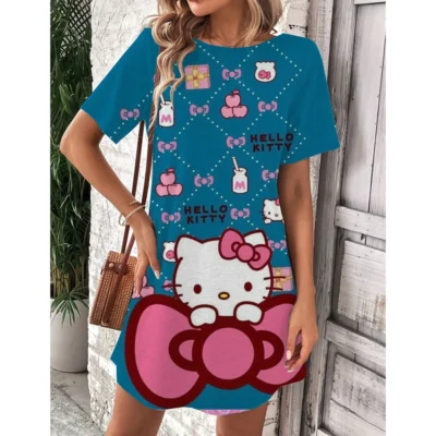 Loose dress fashion summer dress 2025 round neck elegant dress Hello Kitty cartoon women sexy casual daily nightdress