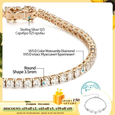 Attagems Original 3mm 4mm Moissanite Tennis Bracelet for Women Man D Color Pass Diamond Tester 925 Silver Wedding Party Jewelry