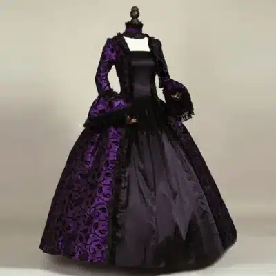 Best Seller Gothic Purple and Black Floral Print Brocade Victorian Era Dress Stage Costume