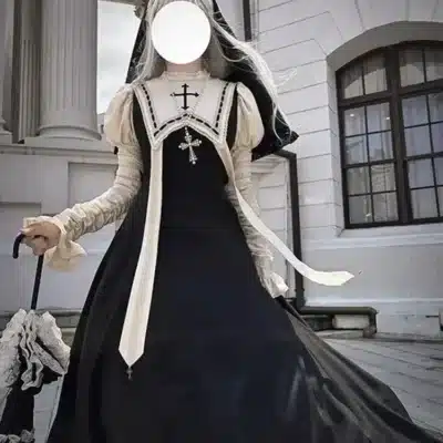 Black Long Evening Dress for Women Dark Gothic Nun Lolita Dress Bubble Sleeve Gorgeous and Elegant Halloween Cosplay Costume