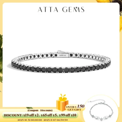 ATTAGEMS Top Quality Round Cut 3.0mm 3.5mm Black Moissanite Tennis Bracelet For Man Women S925 Silver Pass Diamond Test Jewelry