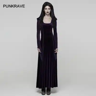 PUNK RAVE Women's Gothic Velvet Flocking Mesh Hooded Dress Mysterious Cool Adjustable Drawstring Elegant Long Dresses