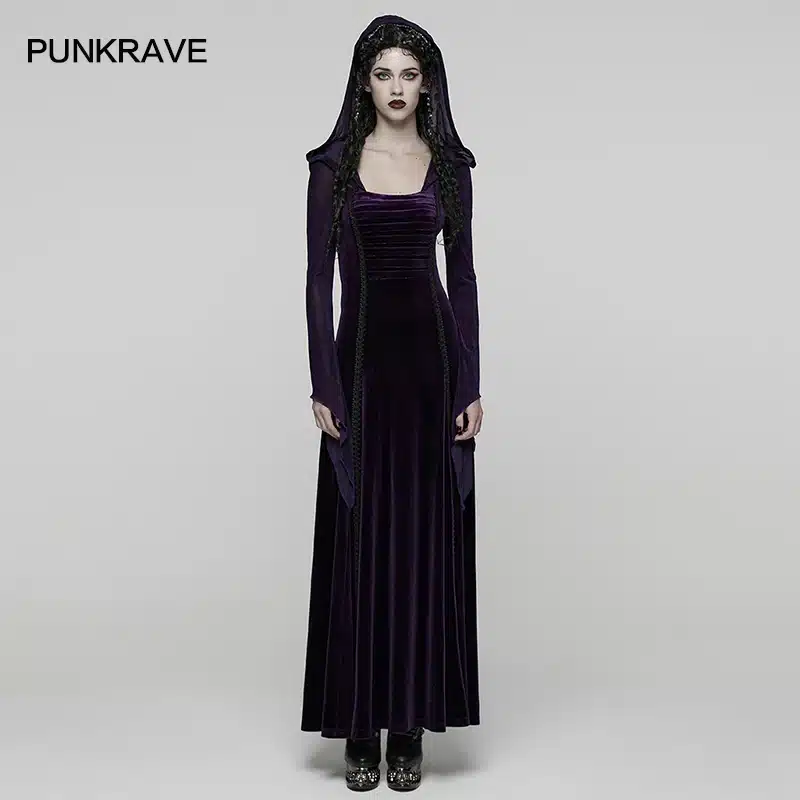 PUNK RAVE Women's Gothic Velvet Flocking Mesh Hooded Dress Mysterious Cool Adjustable Drawstring Elegant Long Dresses