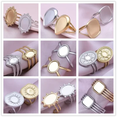 Fashion DIY Drip Oil Rhinestone Round Oval Water Droplets Blank Settings Open Adjustable Stainless Steel Ring For Women Men Gift