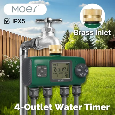 MOES 4-Outlet Digital Water Timer Brass Inlet Knob Button Automatic Irrigation LCD Display Screen IPX5 Garden Tools Sprinklers