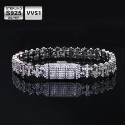 ICEBLING VVS Moissanite Snowflake Cross Bracelet 8mm 925 Silver for Men Women Iced VVS Cross Chain with GRA
