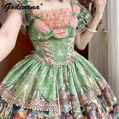 Original Circus Print Lolita Girls Doll Dress New Spring and Summer Women's Ssquare Collar Slim Short Sleeve Slim A-line Dress