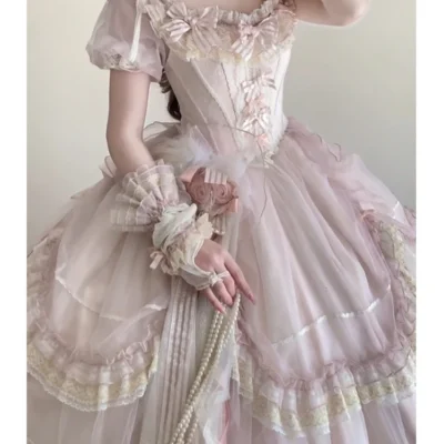 Sweet Wedding Pink Long Dress Summer Women's Slim Elegant Cute Bow Ruffle Edge Maxi Dress Princess Style Lolita Dresses Op