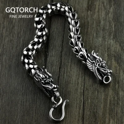 Dragon Scale Bracelet Chain Real Pure 925 Sterling Silver Double Heads Vintage Punk Rock Retro Style Men Viking Jewelry