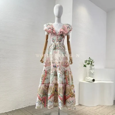 High Quality Pink Floral Print Short Sleeve Deep V Neck Pleat Back Cut Out Waist Midi Dress