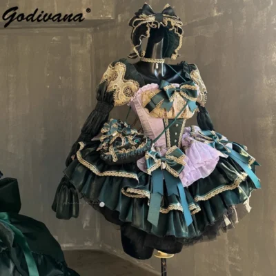 Original Gold and Green Lace Patchwork Strapless Long Sleeve Slim Ball Gown Dress Girl Women's Lolita Sweet Birthday Party Dress