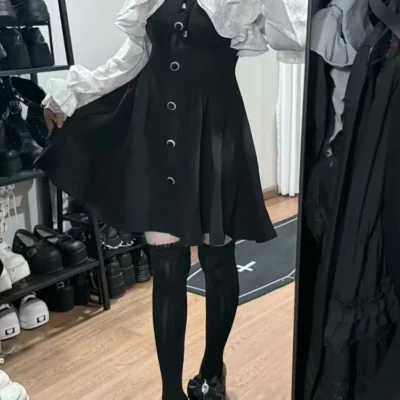 Japanese Style Kawaii Ruffle Short Dress Women's Lovely Lace New Black Design Fashion Lace Splicing Faux Two-piece Sweet Dresses