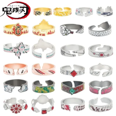 Anime Demon Slayer Series Cosplay Ring Kimetsu No Yaiba Metal Enamel Open Adjustable Finger Ring For Women Men Anime Accessories