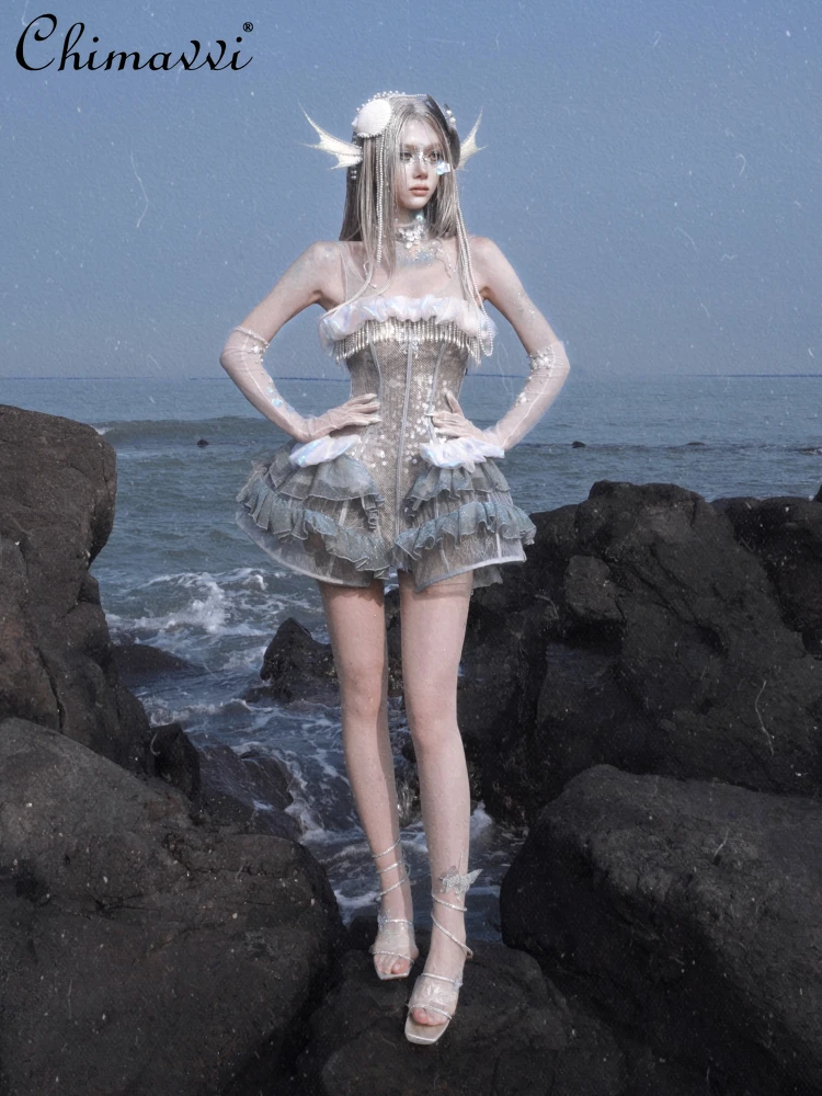 Original Heavy Sequins Shiny Fishbone Jellyfish Hem Seaside Vacation Dress Summer New Gothic Princess Slim Cos Short Women Dress