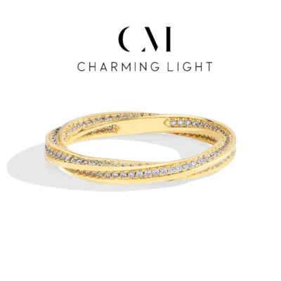 CHARMING Pure 18K 14K 10K Gold Moissanite Lab Diamond Helix Eternity Band Engagement Birthday Fine Jewelry rings for Women Men