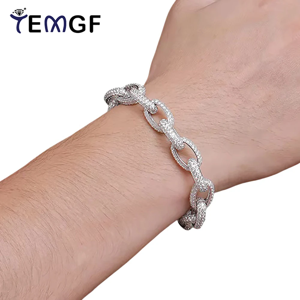TEMGF 100% S925 Sterling Silver Thick Bracelet Full 1.4mm Zircon Inlay for Men Hip Hop Sparkling Cool Fine Jewelry Fashion Item