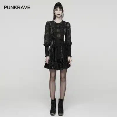 PUNK RAVE Women's Sweet Goth Diamond Velvet Lace Dress Playful Cute Style A-line Retro Lantern Sleeves Club Short Dresses