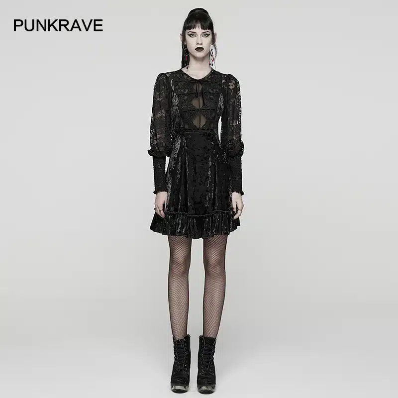 PUNK RAVE Women's Sweet Goth Diamond Velvet Lace Dress Playful Cute Style A-line Retro Lantern Sleeves Club Short Dresses