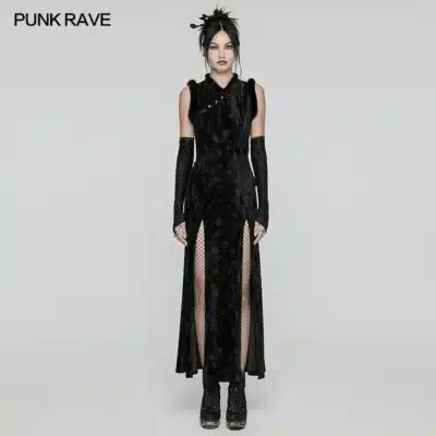 PUNK RAVE Women's New Chinese Style Goth Dress Randomly Wrinkled Embossed Velvet Retro Slit Hem Long Dresses Two Colors
