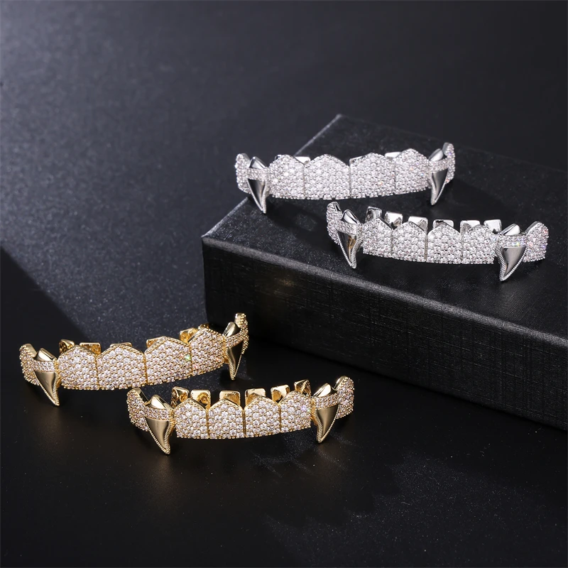 D&Z Bling Cubic Zircon Vampire Teeth Grillz Set For Unisex Top Bottom Mouth Gold Silver Color Removable Dental Fashion Jewelry