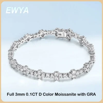 EWYA Jesus Cross Full 3mm 0.1CT D Color Moissanite Tennis Bracelet for Women Men S925 Silver GRA Certified Hand Link Bracelets