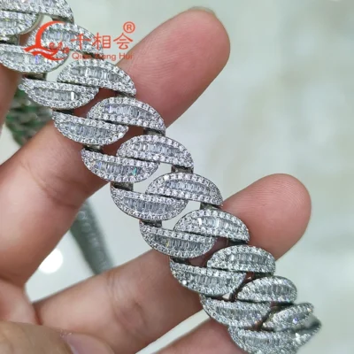 Iced out Hip Hop Bracelet 15mm Baguette Half Moon 925 Silver Cuban Link Chain White Moissanite Jewelry for Women And Men