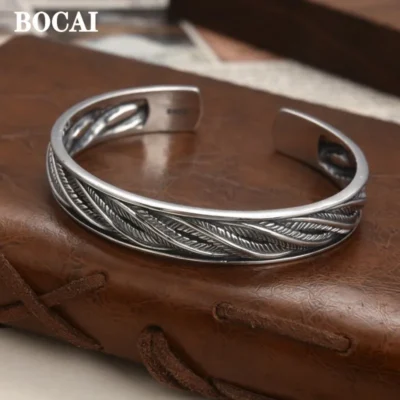 BOCAI New 100% S925 Silver Fried Dough Twist Weave Pattern Fashionable Men's Bracelets Trends Jewelry Accessories Birthday Gift