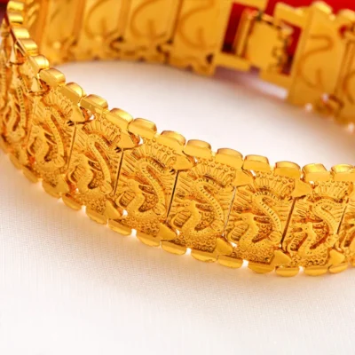 Men's 24K Gold (AU999) Double-Sided Dragon Bracelet | Double-sided carving, hammered brocade with titanium