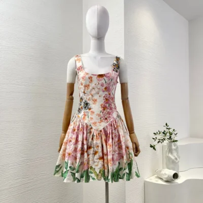 Cotton Sweet Pink Flowers Print Sleeveless Pleat Mini Dress for Lady