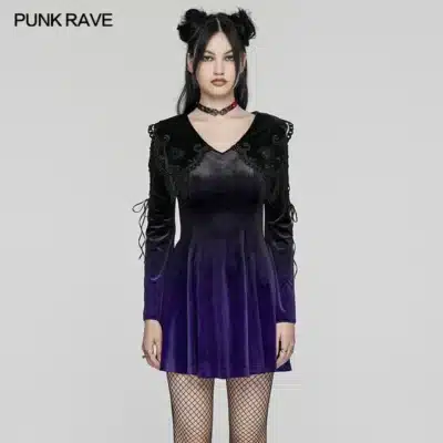 PUNK RAVE Women's Sweet Gothic A-hem Flared Sleeve Gradient Velvet Dress Collar Playful Cute Dresses Two Colors Women Clothing