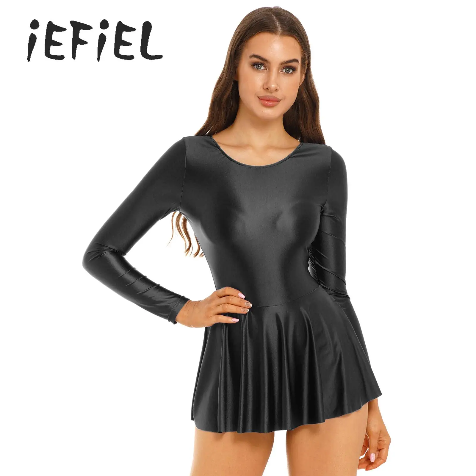 Women Glossy Ruffled Dress Swimsuit with Thong Oil Shiny Long Sleeve Sun Protection Leotard Swimwear Swimming Bathing Suit