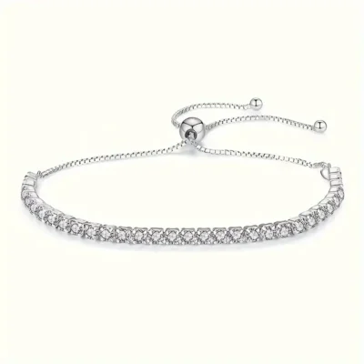 Elegant Unisex Tennis Bracelet, 925 Silver with 18K White Gold Plating, Fashionable Moissanite Studded, Adjustable Chain