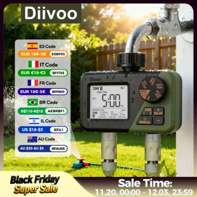 Diivoo Garden Water Timer 2 Outlets IPX5 Waterproof Multi-Functional Automatic Irrigation Timer with Rain Delay/Manual/Auto Mode