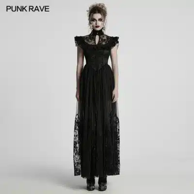 PUNK RAVE Women's Gothic Perspective Velvet Flocking Mesh Satin Little Flying Sleeve Dress Elegant Ethereal Party Long Dresses