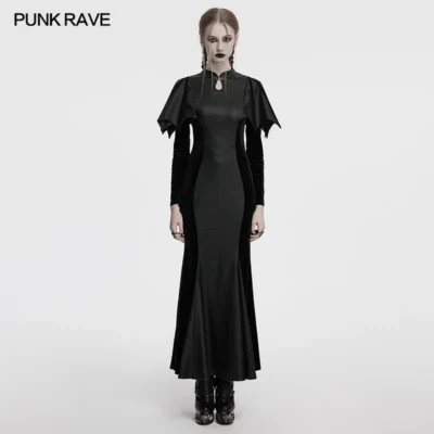 PUNK RAVE Women's Gothic New Chinese Bat Wide Shoulder Velvet Waterdrop Collar Fishtail Dress Mysterious Party Club Long Dresses